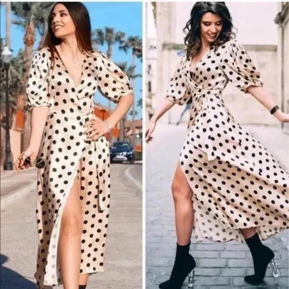 Zara Dresses & Skirts - ZARA | Beige and Black Polka Dot Wrap Silk Dress Size S (NWOT)